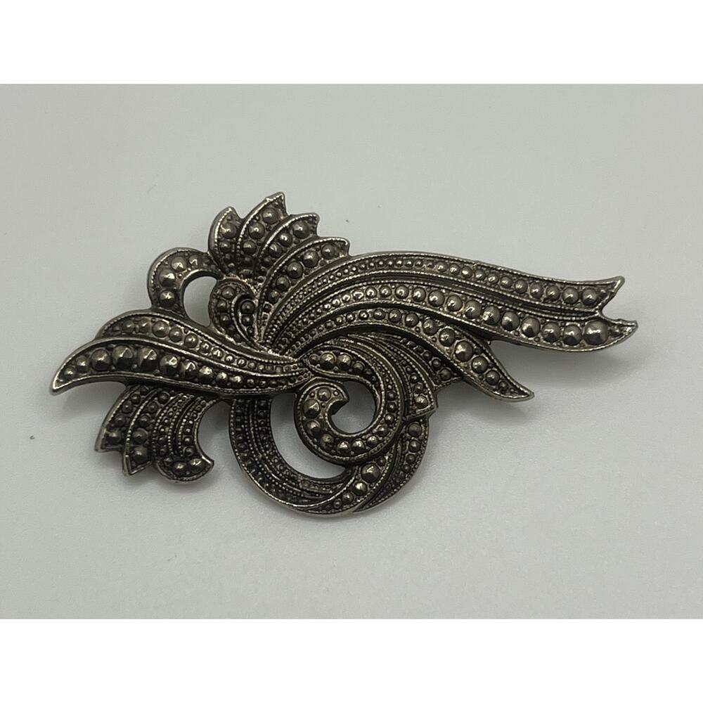 Vintage Silver Tone Art Deco Style Studded Open Swirls Large Costume Brooch